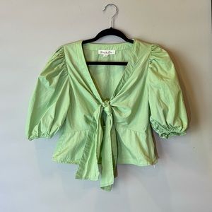 Vine & Love Boutique V-Neck Tie Front Blouse in Green